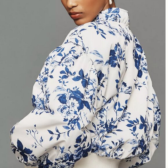 NWT Anthropologie Cropped Floral Print Bomber Jacket Color: BLUE MOTIF BLUE MOTI - Picture 3 of 10